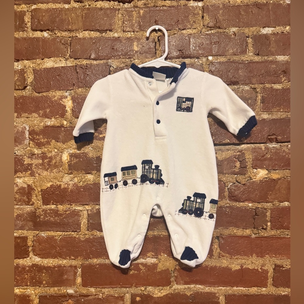 Baby Train Print One Piece - White and Navy Size Newborn by Koala Baby